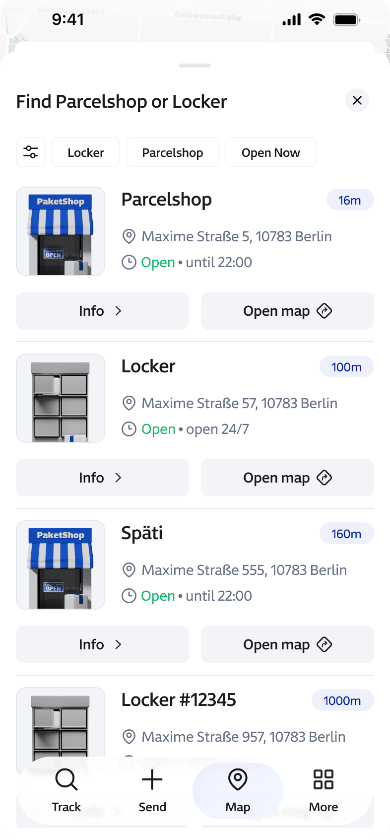 Parcelshop and locker list