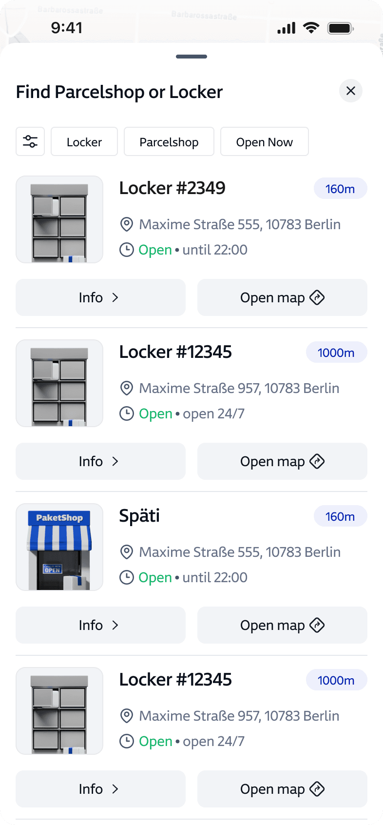 Parcelshop and locker list